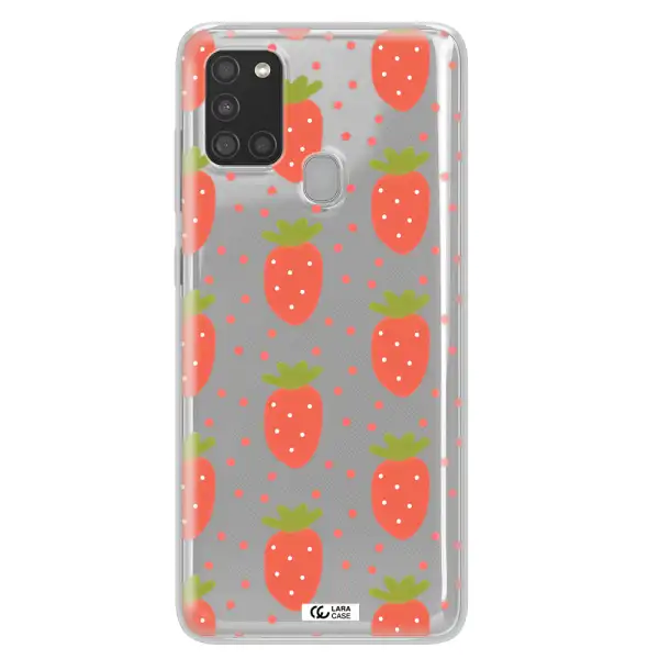 a pattern of strawberries on a white background Samsung A21S Clear TPU Case