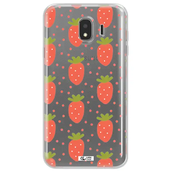 a pattern of strawberries on a white background Samsung J4 Clear TPU Case