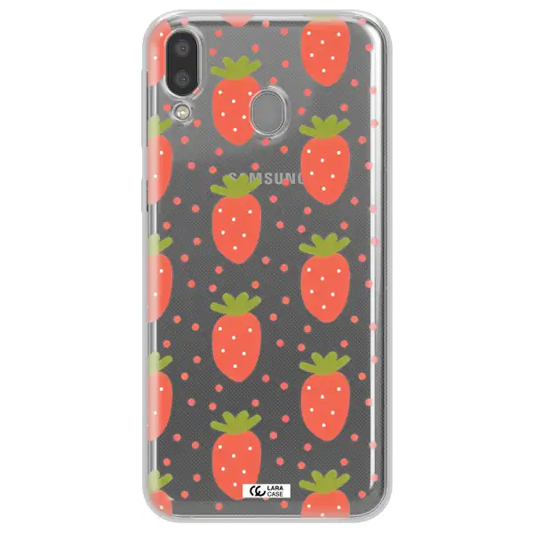 a pattern of strawberries on a white background Samsung M20 Clear TPU Case