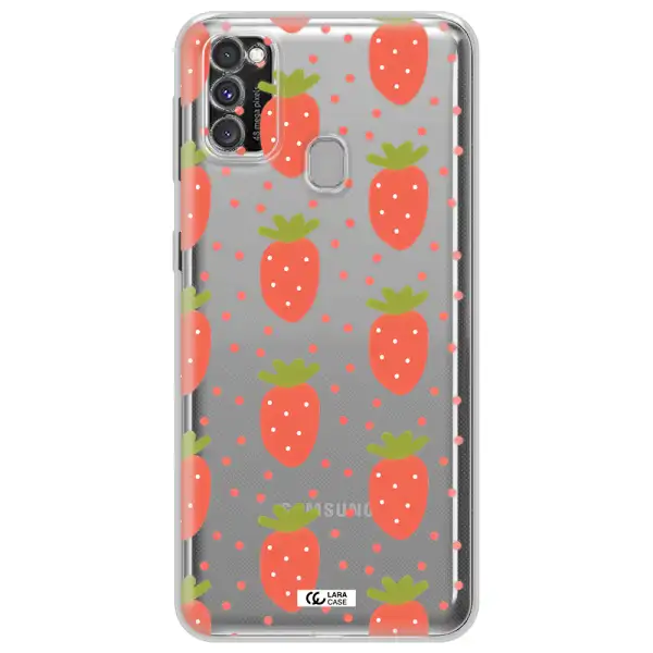 a pattern of strawberries on a white background Samsung M30S Clear TPU Case