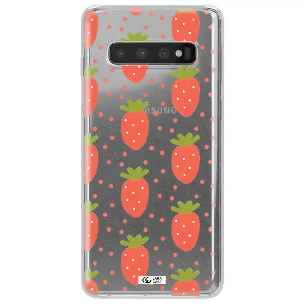 a pattern of strawberries on a white background Samsung S10 Plus Clear TPU Case