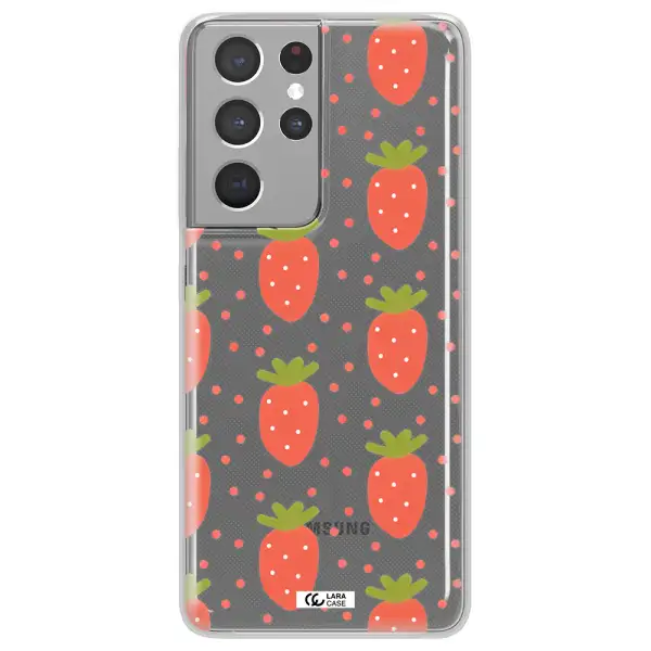 a pattern of strawberries on a white background Samsung S21 Ultra Clear TPU Case