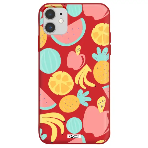 a pattern of fruits on a white background Apple iPhone 11 Silicone Imperial Red Case
