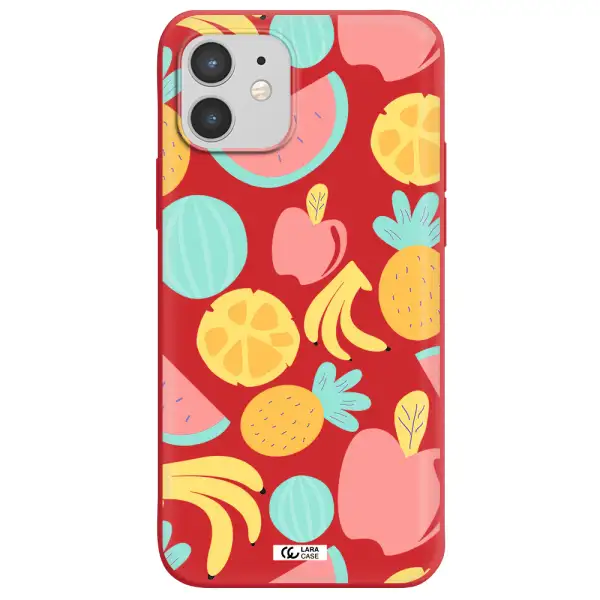 a pattern of fruits on a white background Apple iPhone 12 mini Silicone Imperial Red Case