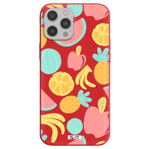 a pattern of fruits on a white background Apple iPhone 12 pro Silicone Imperial Red Case