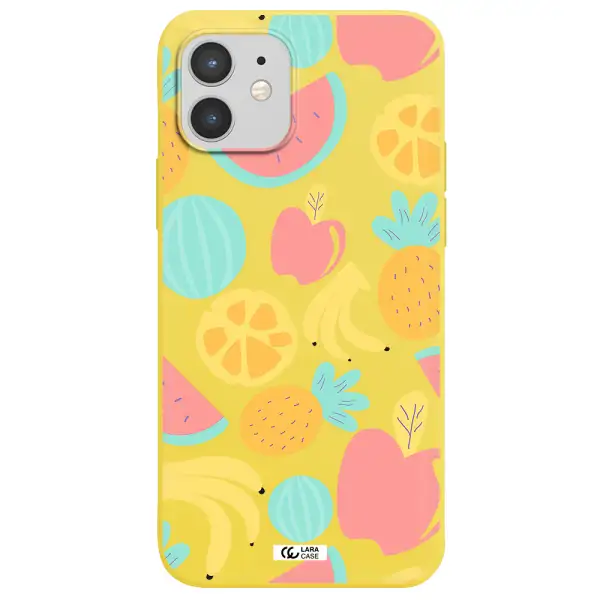 a pattern of fruits on a white background Apple iPhone 12 Silicone canary yellow Case