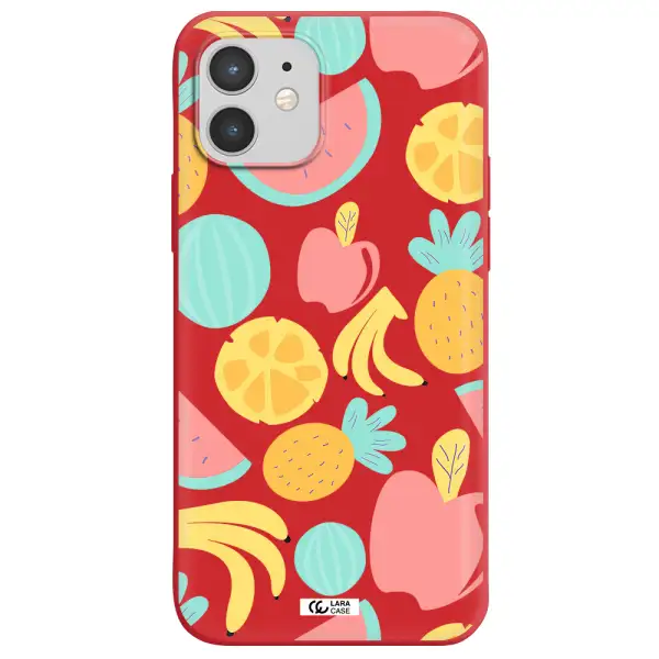 a pattern of fruits on a white background Apple iPhone 12 Silicone Imperial Red Case