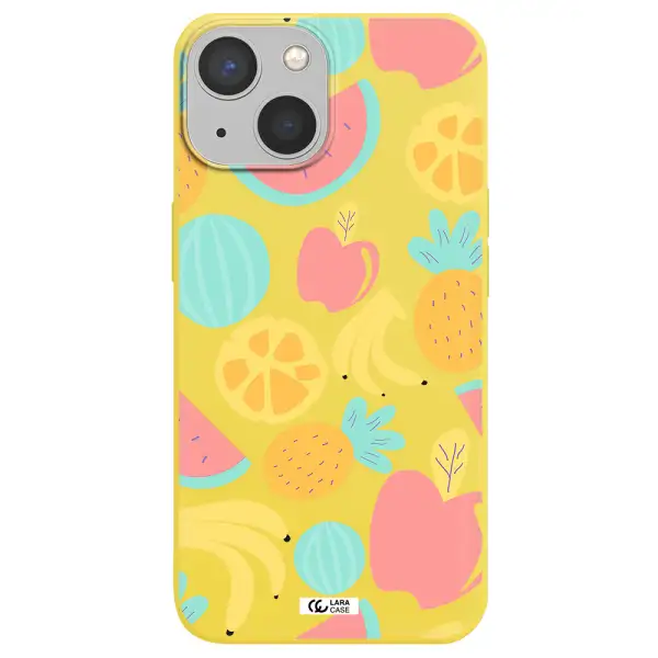 a pattern of fruits on a white background Apple iPhone 13 mini Silicone canary yellow Case