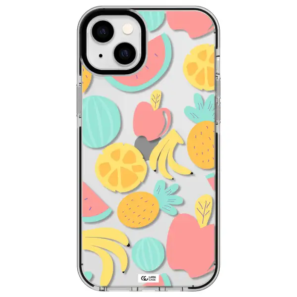 a pattern of fruits on a white background Apple iPhone 14 plus impact black border Case