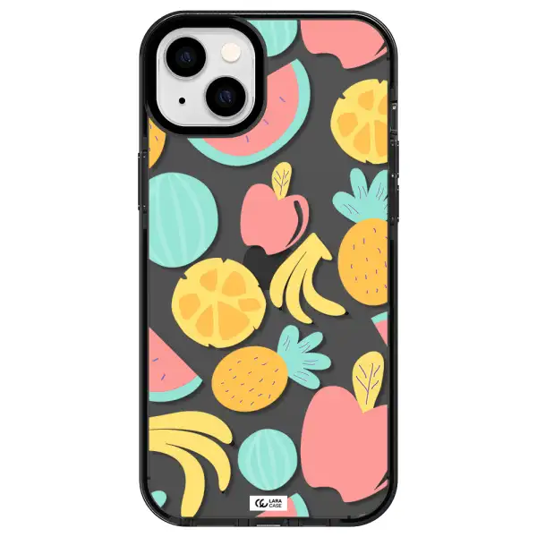 a pattern of fruits on a white background Apple iPhone 14 plus impact Smoke Black Case