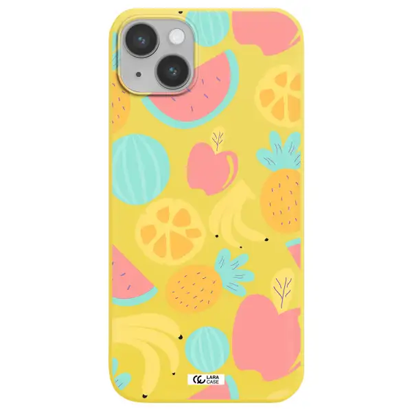 a pattern of fruits on a white background Apple iPhone 14 plus Silicone canary yellow Case