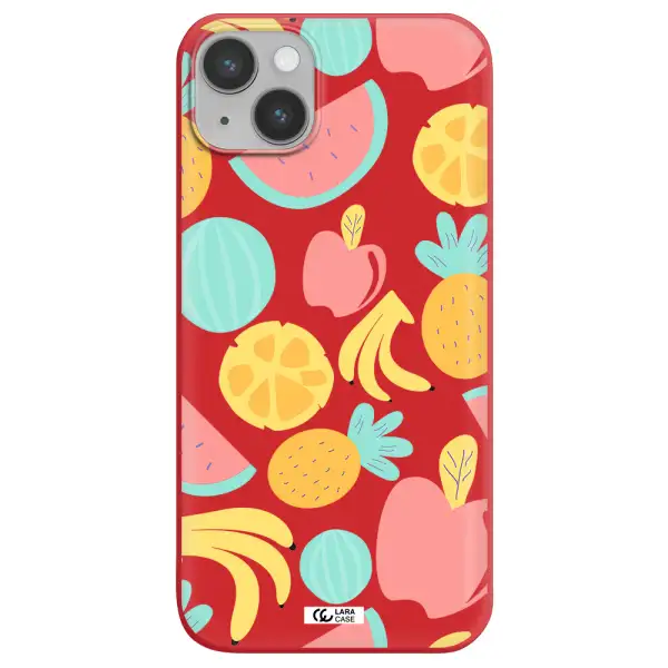 a pattern of fruits on a white background Apple iPhone 14 plus Silicone Imperial Red Case