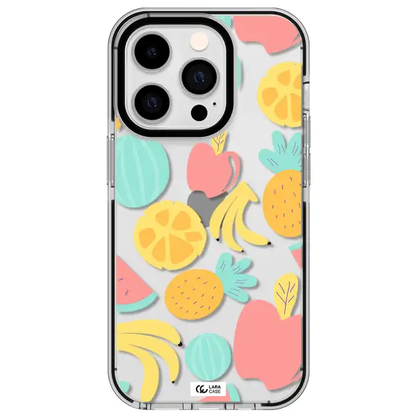 a pattern of fruits on a white background Apple iPhone 14 pro impact black border Case