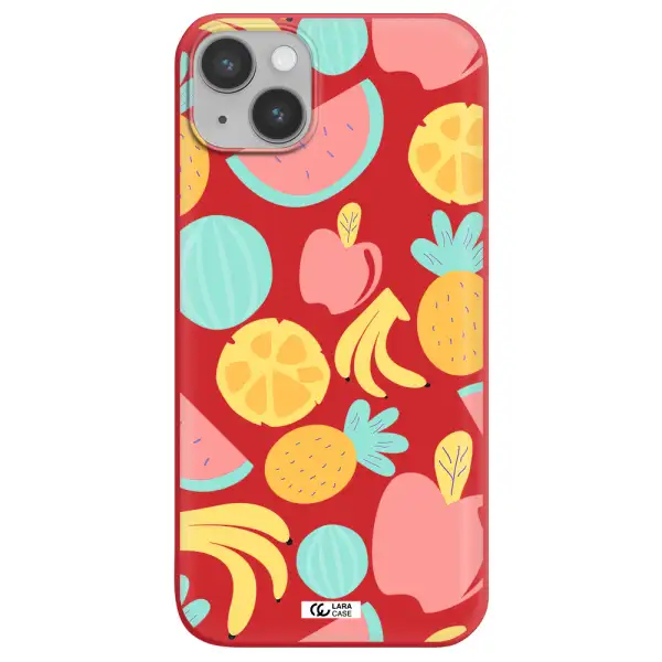 a pattern of fruits on a white background Apple iPhone 14 Silicone Imperial Red Case