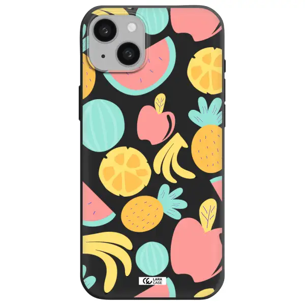 a pattern of fruits on a white background Apple iphone 15 plus Silicone black Case