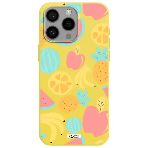 a pattern of fruits on a white background Apple Iphone 15 Pro max Silicone canary yellow Case