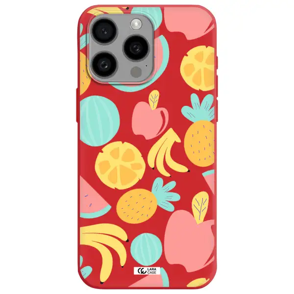A Pattern Of Fruits On A White Background Apple Iphone 15 Pro Max Silicone Imperial Red Case