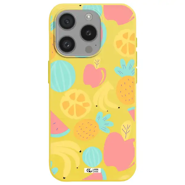 A Pattern Of Fruits On A White Background Apple Iphone 15 Pro Silicone Canary Yellow Case