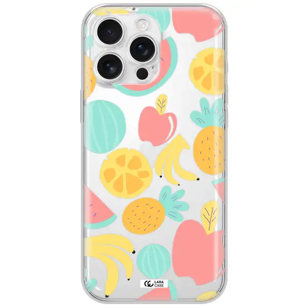 A Pattern Of Fruits On A White Background Apple Iphone 16 Pro Max Clear Tpu Case