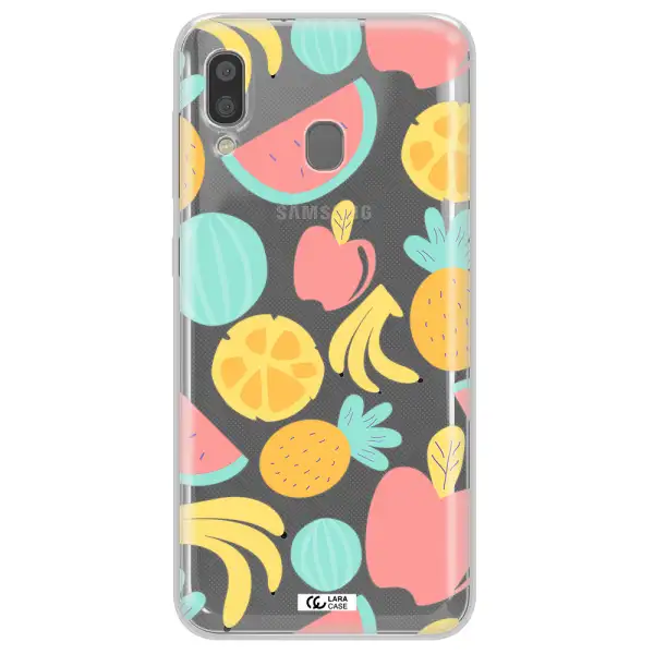 a pattern of fruits on a white background Samsung A20 Clear TPU Case