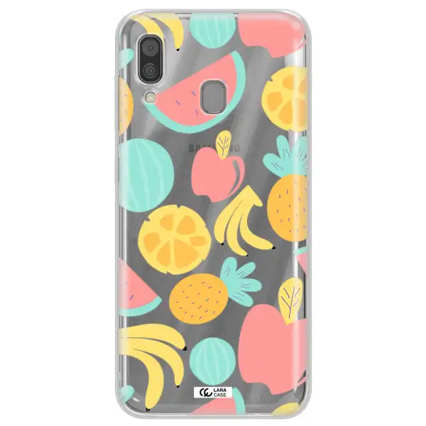 a pattern of fruits on a white background Samsung A30 Clear TPU Case