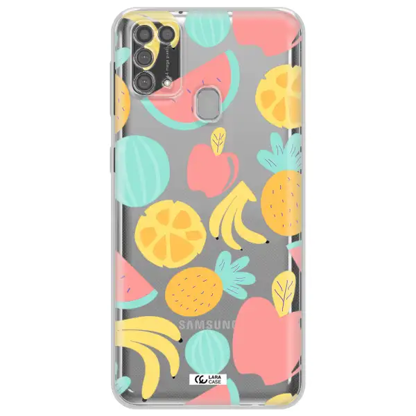 a pattern of fruits on a white background Samsung M31 Clear TPU Case