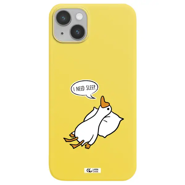 a cartoon of a duck with a pillow Apple iPhone 14 plus Silicone canary yellow Case