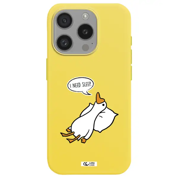 A Cartoon Of A Duck With A Pillow Apple Iphone 15 Pro Silicone Canary Yellow Case