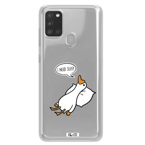 a cartoon of a duck with a pillow Samsung A21S Clear TPU Case
