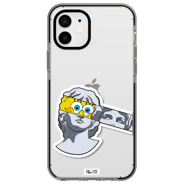 a cartoon of a statue with a yellow spongebob over its eyes Apple iPhone 11 impact black border Case