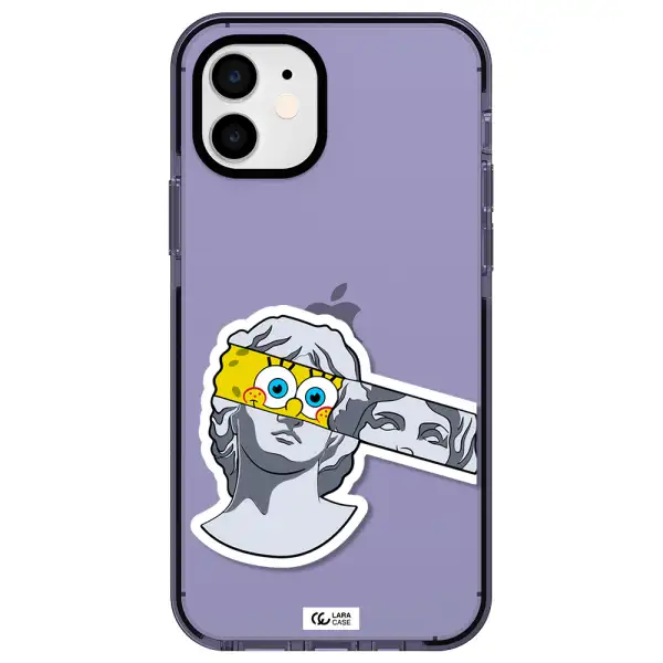 a cartoon of a statue with a yellow spongebob over its eyes Apple iPhone 11 impact Lilac Case