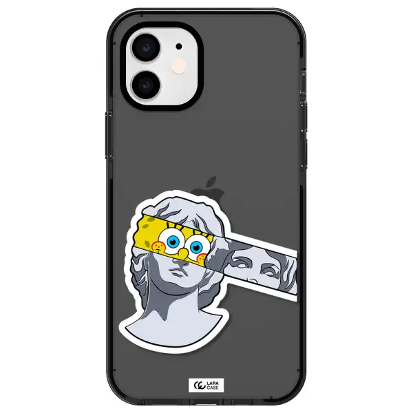 a cartoon of a statue with a yellow spongebob over its eyes Apple iPhone 11 impact Smoke Black Case