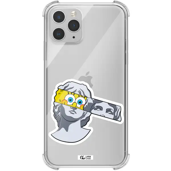 a cartoon of a statue with a yellow spongebob over its eyes Apple iPhone 11 pro max Clear PC Case
