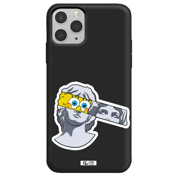 a cartoon of a statue with a yellow spongebob over its eyes Apple iPhone 11 pro max Silicone black Case