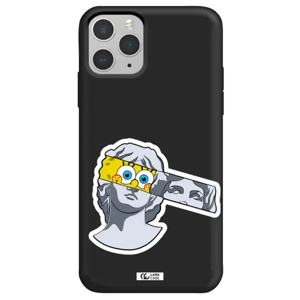 a cartoon of a statue with a yellow spongebob over its eyes Apple iPhone 11 pro Silicone black Case