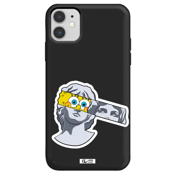 a cartoon of a statue with a yellow spongebob over its eyes Apple iPhone 11 Silicone black Case