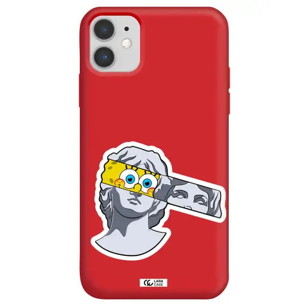 a cartoon of a statue with a yellow spongebob over its eyes Apple iPhone 11 Silicone Imperial Red Case