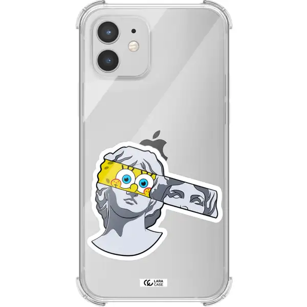 a cartoon of a statue with a yellow spongebob over its eyes Apple iPhone 12 mini Clear PC Case