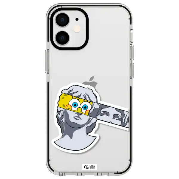 a cartoon of a statue with a yellow spongebob over its eyes Apple iPhone 12 mini impact black border Case