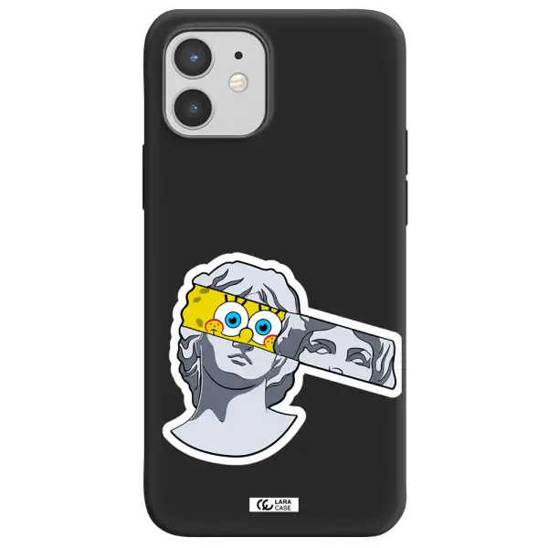 a cartoon of a statue with a yellow spongebob over its eyes Apple iPhone 12 mini Silicone black Case