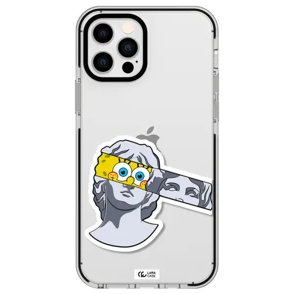 a cartoon of a statue with a yellow spongebob over its eyes Apple iPhone 12 pro impact black border Case