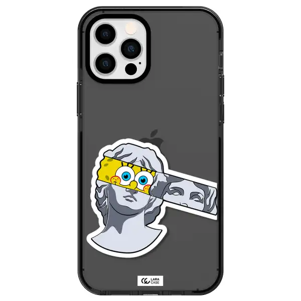 a cartoon of a statue with a yellow spongebob over its eyes Apple iPhone 12 pro impact Smoke Black Case