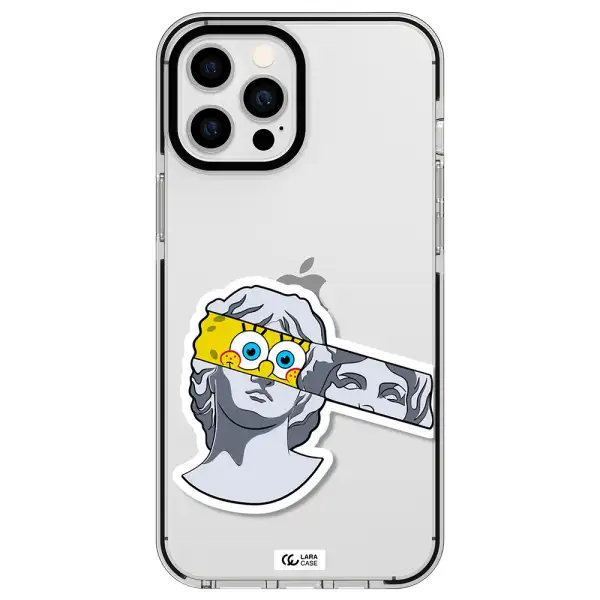 a cartoon of a statue with a yellow spongebob over its eyes Apple iPhone 12 pro max impact black border Case