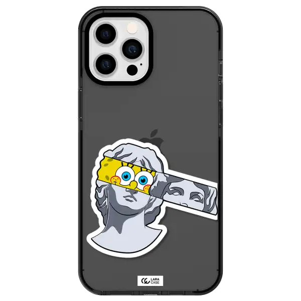 a cartoon of a statue with a yellow spongebob over its eyes Apple iPhone 12 pro max impact Smoke Black Case