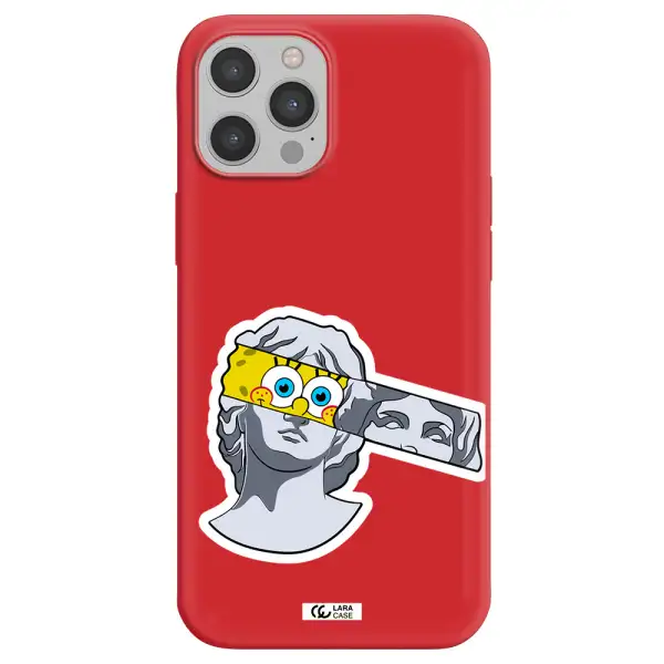 a cartoon of a statue with a yellow spongebob over its eyes Apple iPhone 12 pro max Silicone Imperial Red Case
