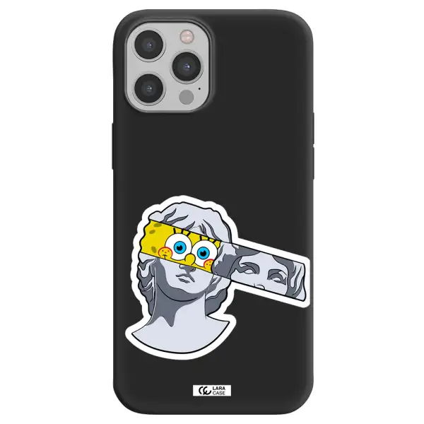 a cartoon of a statue with a yellow spongebob over its eyes Apple iPhone 12 pro Silicone black Case