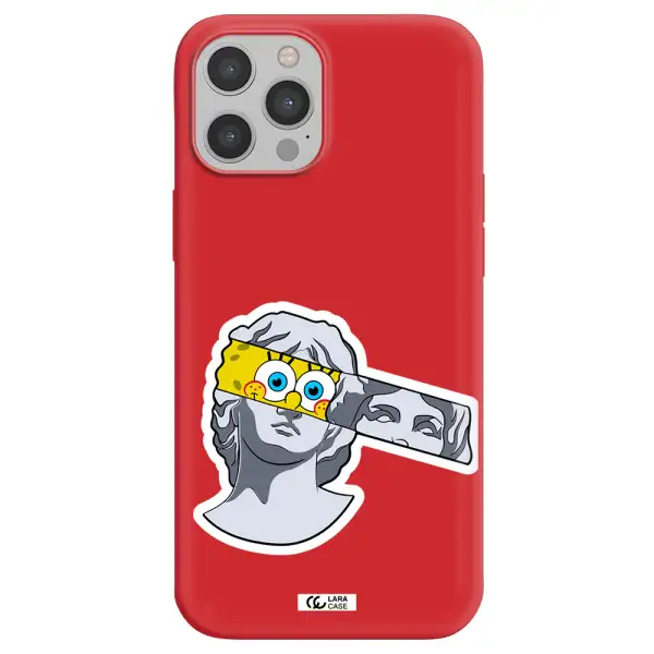 a cartoon of a statue with a yellow spongebob over its eyes Apple iPhone 12 pro Silicone Imperial Red Case
