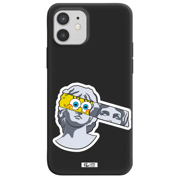 a cartoon of a statue with a yellow spongebob over its eyes Apple iPhone 12 Silicone black Case