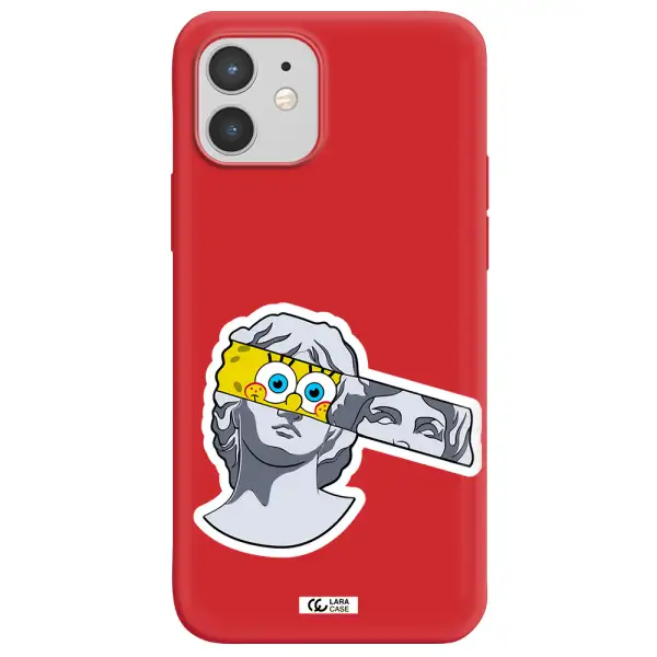 a cartoon of a statue with a yellow spongebob over its eyes Apple iPhone 12 Silicone Imperial Red Case