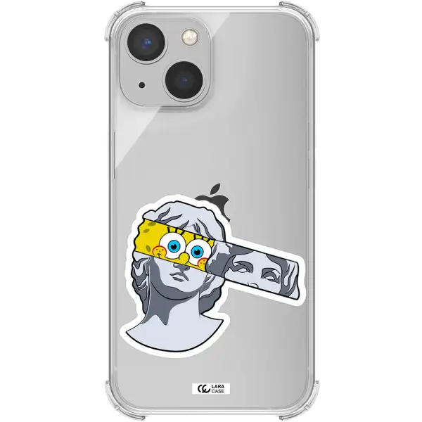 a cartoon of a statue with a yellow spongebob over its eyes Apple iPhone 13 Clear PC Case